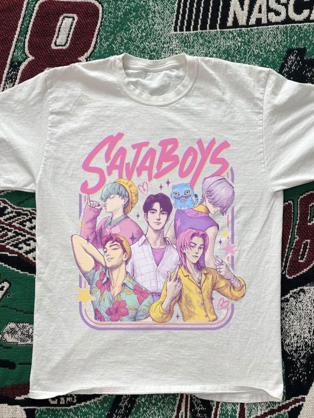 Gildan White Tee with Pink & Yellow Sajakboys Graphic